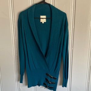 HP Beautiful Teal Blue Deep Rolled V Sweater w/ 3 Buckled Belts By Pink Rose- S